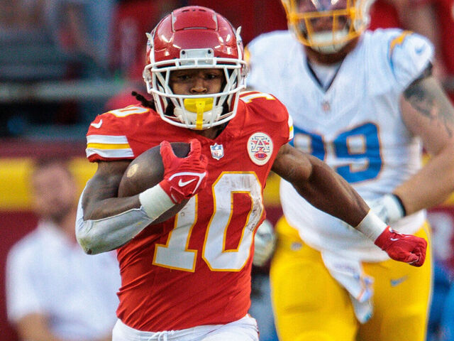 KANSAS CITY, MO - OCTOBER 22: Kansas City Chiefs running back Isiah Pacheco (10) runs the ball during the second half against the Los Angeles Chargers on October 22, 2023 at GEHA Field at Arrowhead Stadium in Kansas City, Missouri.