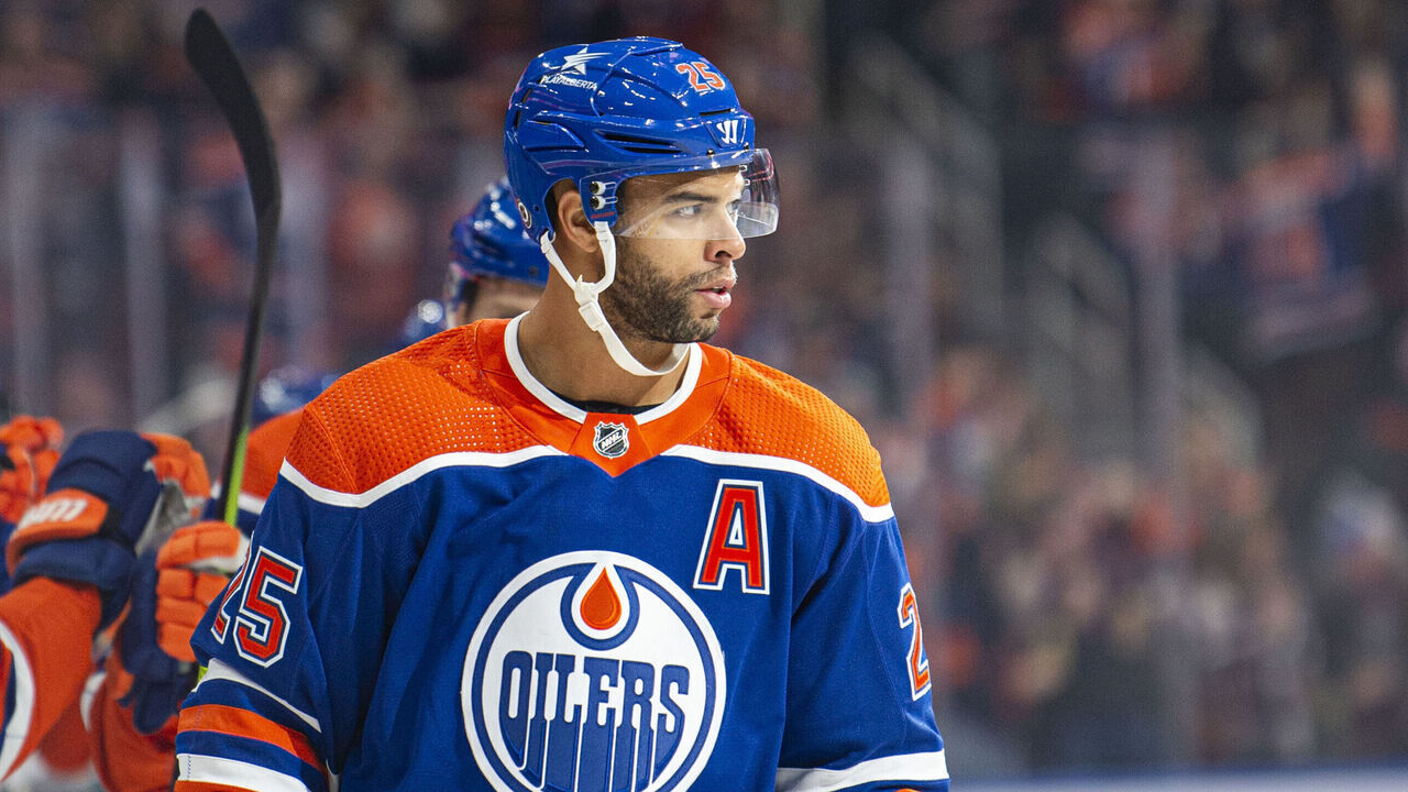 EDMONTON, ALBERTA - OCTOBER 21: Darnell Nurse #25 of the Edmonton Oilers looks on after scoring a goal against the Winnipeg Jets during the first period at Rogers Place on October 21, 2023 in Edmonton, Alberta, Canada