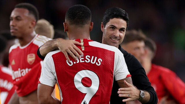 LONDON, ENGLAND - OCTOBER 08: Mikel Arteta, Manager of Arsenal, interacts with Gabriel Jesus of Arsenal following their sides victory in the Premier League match between Arsenal FC and Manchester City at Emirates Stadium on October 08, 2023 in London, England.