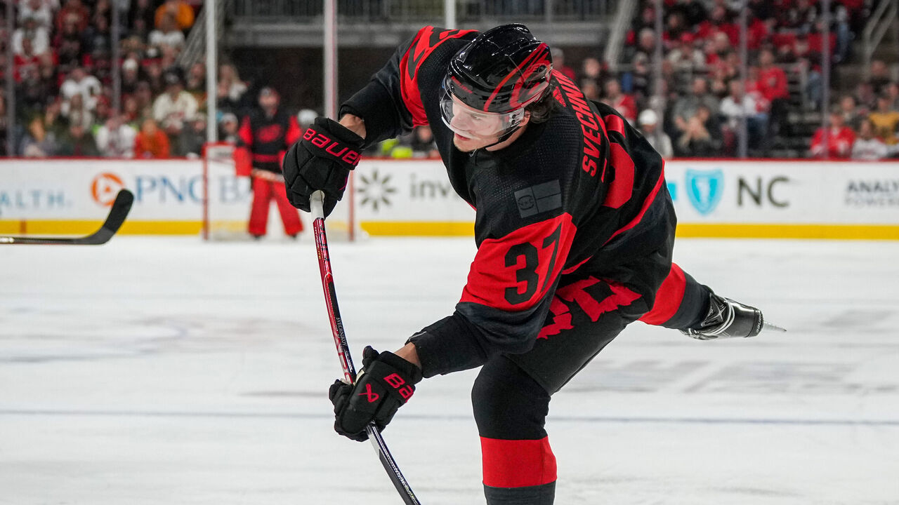 RALEIGH, NORTH CAROLINA - MARCH 11: Andrei Svechnikov #37 of the Carolina Hurricanes shoots the puck during the third period against the Vegas Golden Knights at PNC Arena on March 11, 2023 in Raleigh, North Carolina.