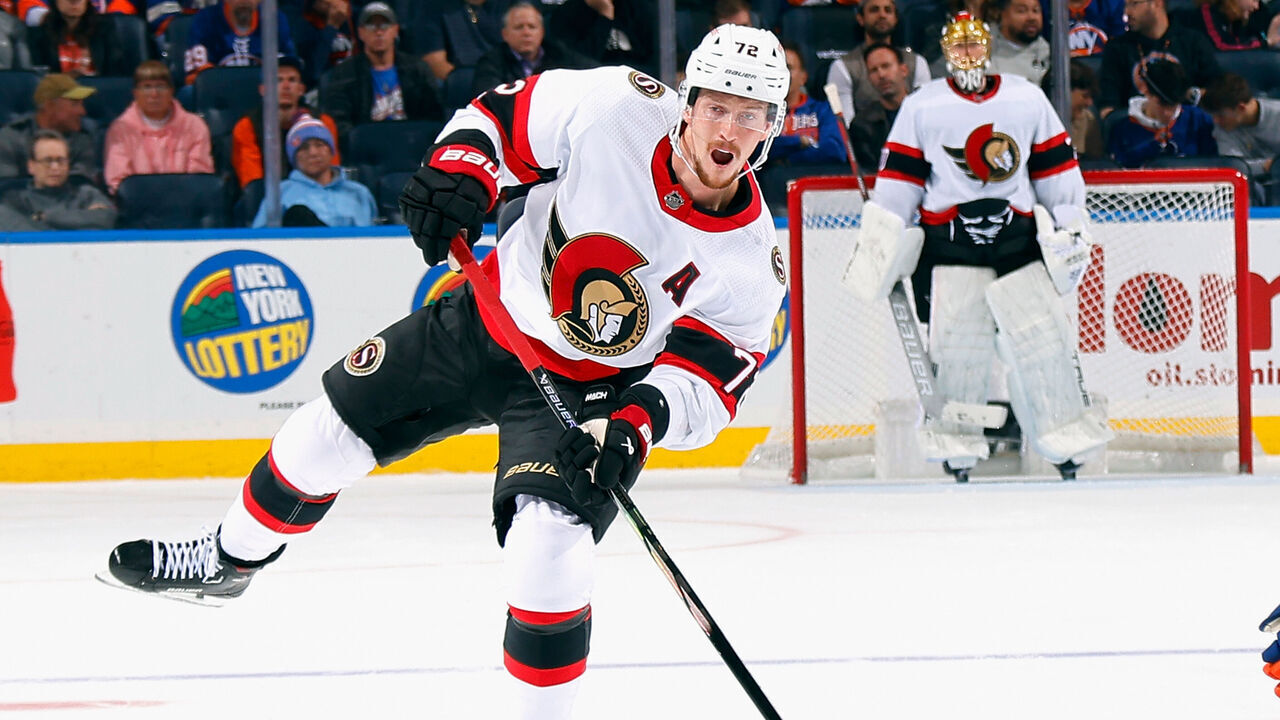 ELMONT, NEW YORK - OCTOBER 26: Thomas Chabot #72 of the Ottawa Senators skates against the New York Islanders at UBS Arena on October 26, 2023 in Elmont, New York.