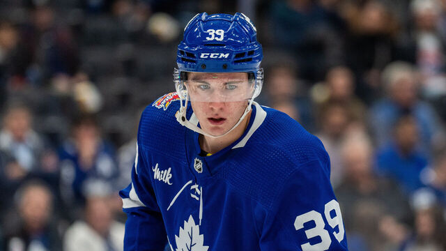 TORONTO, ON - OCTOBER 16: Fraser Minten #39 of the Toronto Maple Leafs looks on against the Chicago Blackhawks during the second period at the Scotiabank Arena on October 16, 2023 in Toronto, Ontario, Canada.