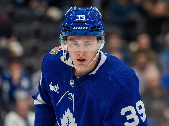 TORONTO, ON - OCTOBER 16: Fraser Minten #39 of the Toronto Maple Leafs looks on against the Chicago Blackhawks during the second period at the Scotiabank Arena on October 16, 2023 in Toronto, Ontario, Canada.