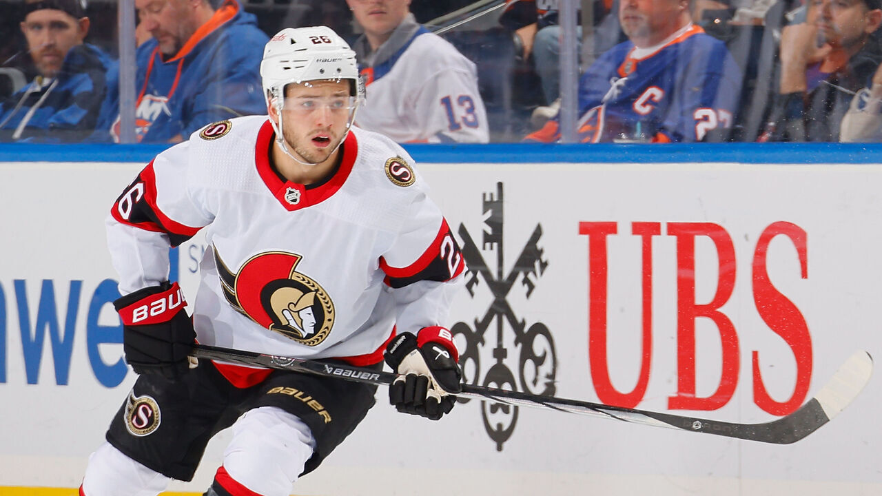 ELMONT, NEW YORK - OCTOBER 26: Erik Brannstrom #26 of the Ottawa Senators skates against the New York Islanders at UBS Arena on October 26, 2023 in Elmont, New York.