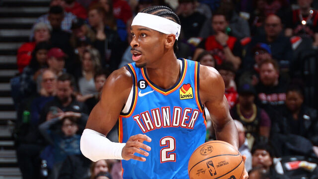 TORONTO, CANADA - MARCH 16: Shai Gilgeous-Alexander #2 of the Oklahoma City Thunder goes to the basket during the game on March 16, 2023 at the Scotiabank Arena in Toronto, Ontario, Canada. Mandatory Copyright Notice: Copyright 2023 NBAE