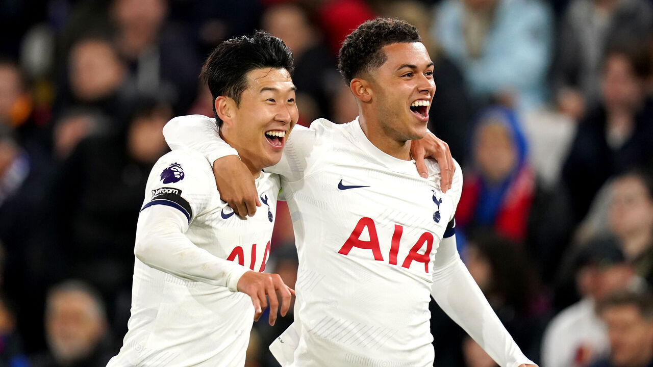 Tottenham Hotspur's Heung-Min Son celebrates after scoring their sides second goal with Tottenham Hotspur's Brennan Johnson (right) during the Premier League match at Selhurst Park, London. Picture date: Friday October 27, 2023.