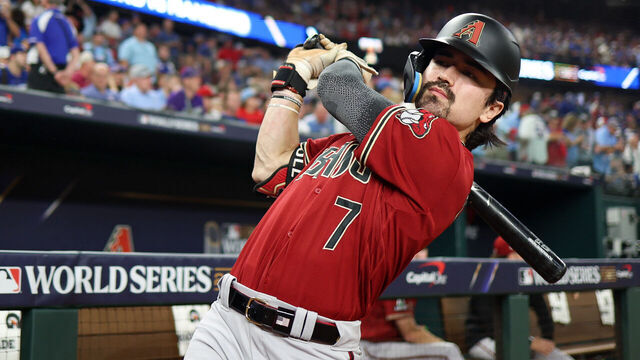 ARLINGTON, TX - OCTOBER 27: Corbin Carroll #7 of the Arizona Diamondbacks prepares to bat in the first inning during Game 1 of the 2023 World Series between the Arizona Diamondbacks and the Texas Rangers at Globe Life Field on Friday, October 27, 2023 in Arlington, Texas.
