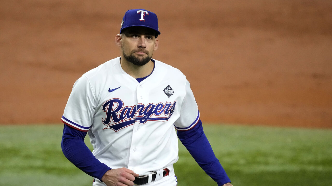 ARLINGTON, TEXAS - OCTOBER 27: Nathan Eovaldi #17 of the Texas Rangers reacts after recording a strikeout in the second inning against the Arizona Diamondbacks during Game One of the World Series at Globe Life Field on October 27, 2023 in Arlington, Texas.