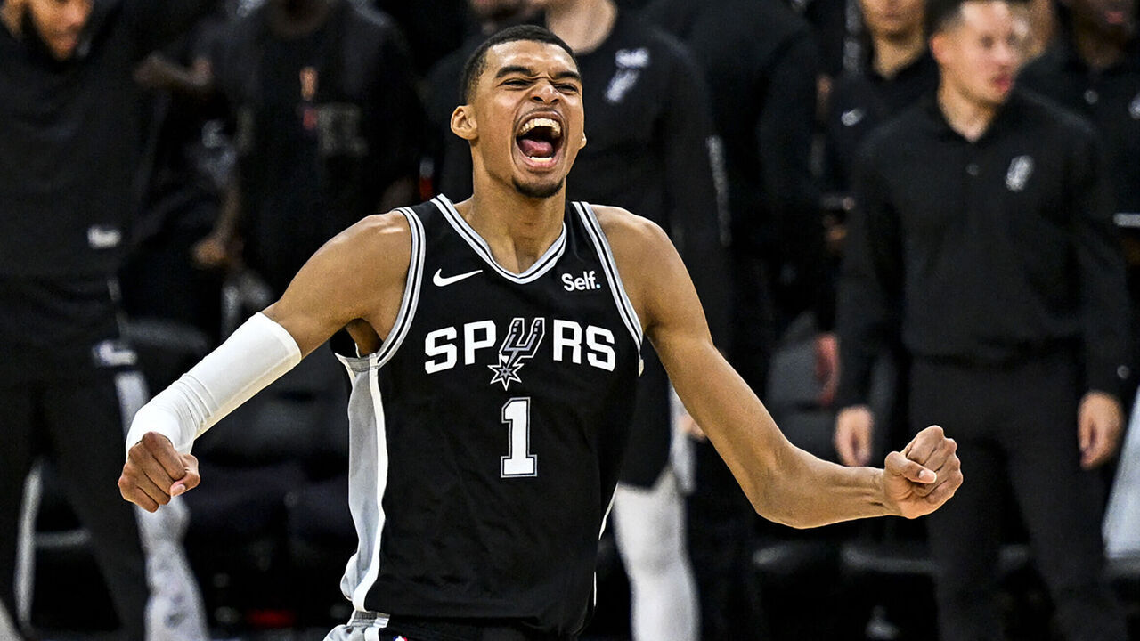 San Antonio Spurs' French forward-center #01 Victor Wembanyama celebrates after winning the NBA basketball game between the Houston Rockets and the San Antonio Spurs at the AT&T Center in San Antonio, Texas, on October 27, 2023.