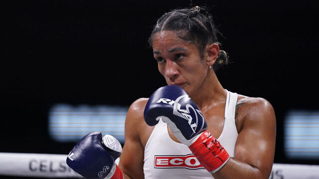 DALLAS, TEXAS - AUGUST 05: Amanda Serrano faces off against Heather Hardy during the third round of their fight at the American Airlines Center on August 05, 2023 in Dallas, Texas.