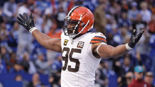 INDIANAPOLIS, INDIANA - OCTOBER 22: Myles Garrett #95 of the Cleveland Browns reacts after forcing a fumble in the game against the Indianapolis Colts at Lucas Oil Stadium on October 22, 2023 in Indianapolis, Indiana.