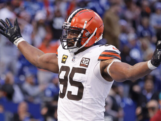 INDIANAPOLIS, INDIANA - OCTOBER 22: Myles Garrett #95 of the Cleveland Browns reacts after forcing a fumble in the game against the Indianapolis Colts at Lucas Oil Stadium on October 22, 2023 in Indianapolis, Indiana.