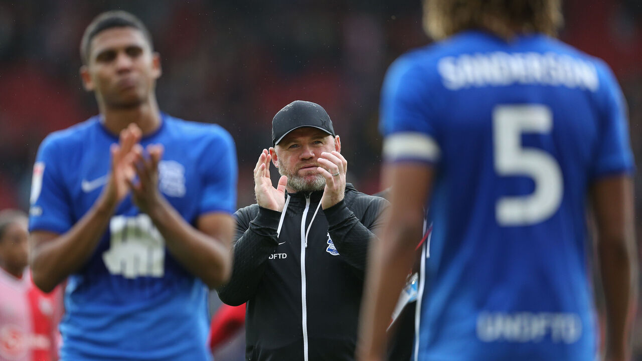 SOUTHAMPTON, ENGLAND - OCTOBER 28: Birmingham City Manager, Wayne Rooney applauds the Birmingham City supporters after the Sky Bet Championship match between Southampton FC and Birmingham City at Friends Provident St. Mary's Stadium on October 28, 2023 in Southampton, England.