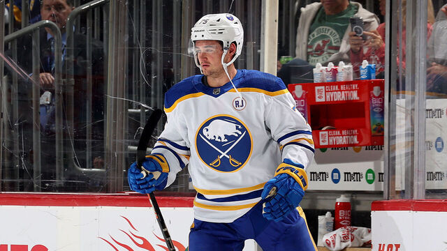 NEWARK, NEW JERSEY - OCTOBER 27: Connor Clifton #75 of the Buffalo Sabres heads off the ice after he is given a game misconduct for a hit on Nico Hischier #13 of the New Jersey Devils during the first period at Prudential Center on October 27, 2023 in Newark, New Jersey.