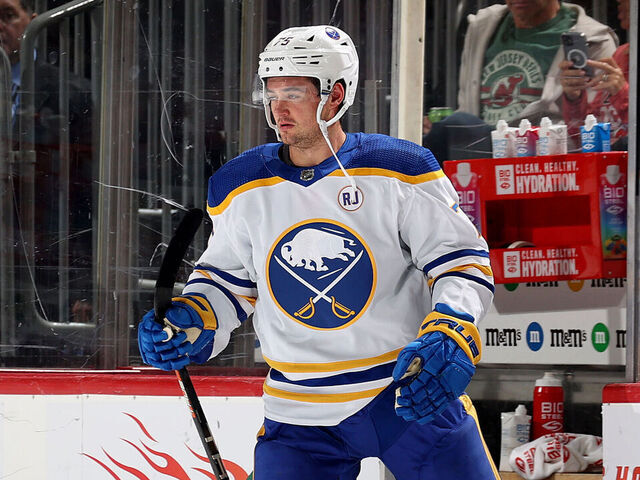 NEWARK, NEW JERSEY - OCTOBER 27: Connor Clifton #75 of the Buffalo Sabres heads off the ice after he is given a game misconduct for a hit on Nico Hischier #13 of the New Jersey Devils during the first period at Prudential Center on October 27, 2023 in Newark, New Jersey.
