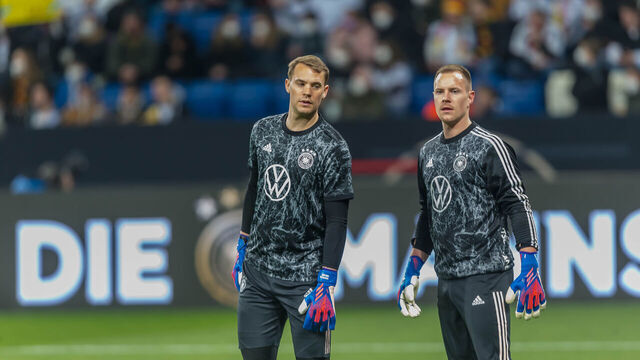 SINSHEIM, GERMANY - MARCH 26: goalkeeper Manuel Neuer of Germany and goalkeeper Marc-Andre ter Stegen of Germany Looks on during the international friendly match between Germany and Israel at PreZero-Arena on March 26, 2022 in Sinsheim, Germany.