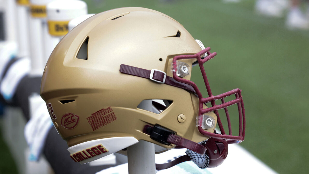 CHESTNUT HILL, MA - SEPTEMBER 09: BC helmet during a game between the Boston College Eagles and the Holy Cross Crusaders on September 9, 2023, at Alumni Stadium in Chestnut Hill, Massachusetts.