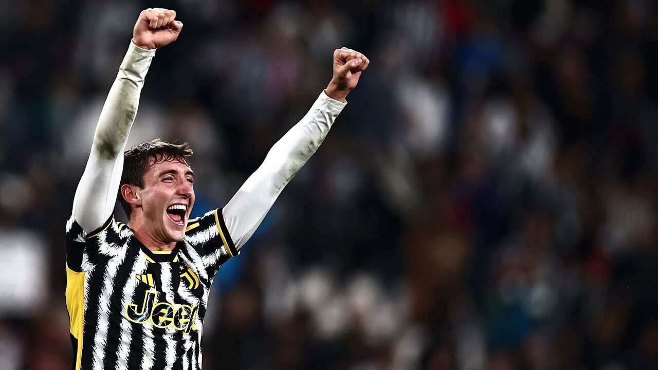 Juventus Italian defender Andrea Cambiaso (C) celebrates after scoring a first goal for his team during the Italian Serie A football match Juventus vs Hellas Verona at the "Allianz Stadium" in Turin on October 28, 2023.