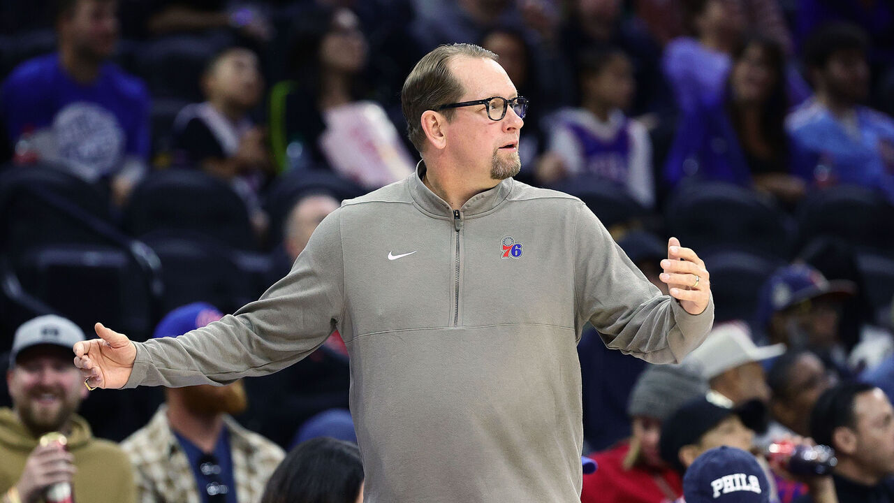 PHILADELPHIA, PENNSYLVANIA - OCTOBER 20: Head coach Nick Nurse of the Philadelphia 76ers reacts during the first quarter against the Atlanta Hawks at the Wells Fargo Center on October 20, 2023 in Philadelphia, Pennsylvania.