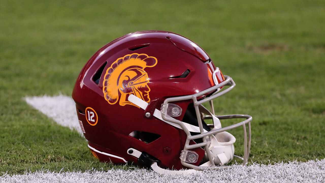 TEMPE, AZ - SEPTEMBER 23: A USC Trojans helmet before the college football game between the USC Trojans and the Arizona State Sun Devils on September 23, 2023 at Mountain America Stadium in Tempe, Arizona.