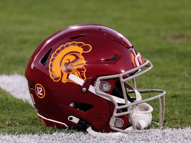 TEMPE, AZ - SEPTEMBER 23: A USC Trojans helmet before the college football game between the USC Trojans and the Arizona State Sun Devils on September 23, 2023 at Mountain America Stadium in Tempe, Arizona.