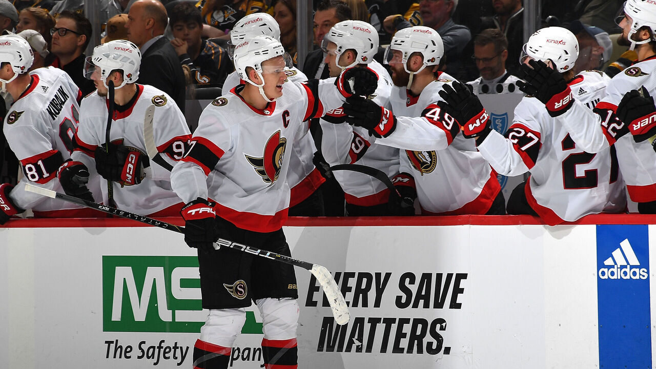 PITTSBURGH, PA - OCTOBER 28: Brady Tkachuk #7 of the Ottawa Senators celebrates his goal with teammate during the third period against the Pittsburgh Penguins at PPG PAINTS Arena on October 28, 2023 in Pittsburgh, Pennsylvania.