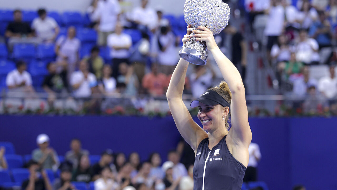 ZHUHAI, CHINA - OCTOBER 29: Beatriz Haddad Maia of Brazil poses with the trophy after the medal ceremony following in the women's singles final match on Day 6 of the WTA Elite Trophy Zhuhai 2023 at Hengqin Tennis Center on October 29, 2023 in Zhuhai, China.
