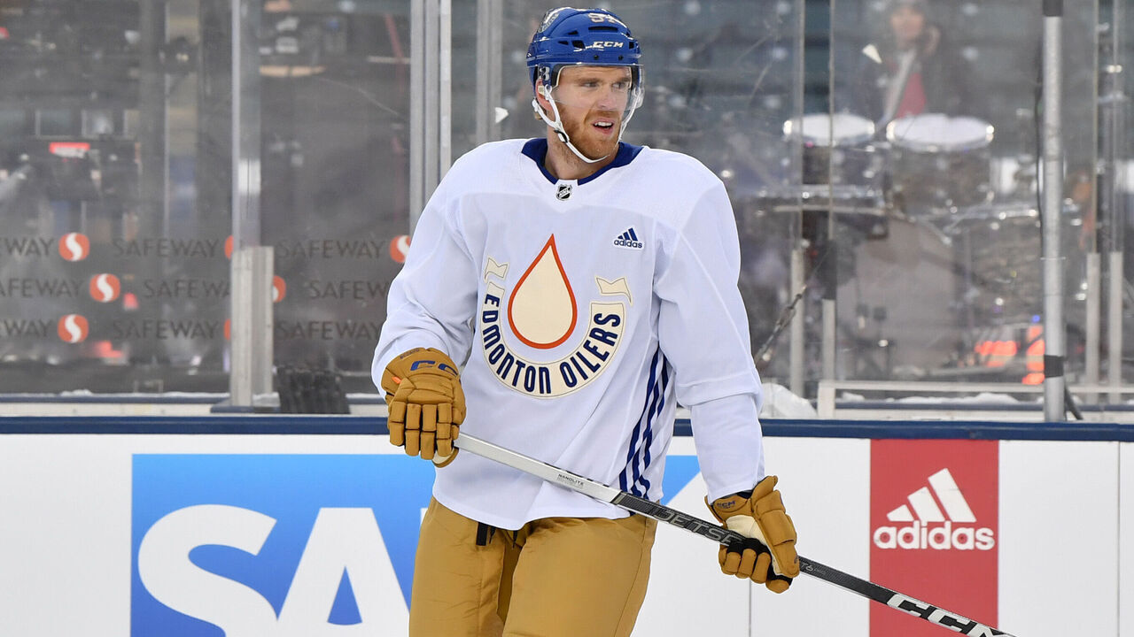 EDMONTON, CANADA - OCTOBER 28: Connor McDavid #97 of the Edmonton Oilers participates in practice at Commonwealth Stadium in advance of the 2023 Tim Hortons NHL Heritage Classic on October 28, 2023 in Edmonton, Alberta, Canada.