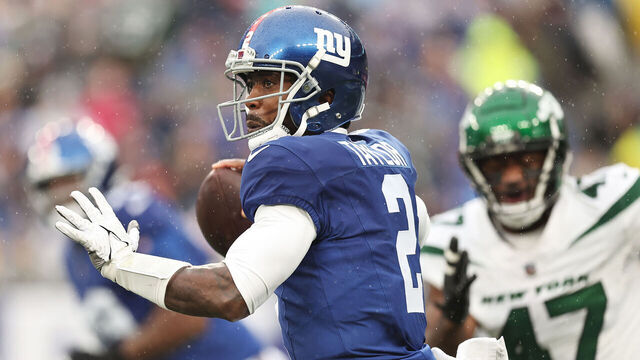 EAST RUTHERFORD, NEW JERSEY - OCTOBER 29: Tyrod Taylor #2 of the New York Giants attempts a pass during the first quarter against the New York Jets at MetLife Stadium on October 29, 2023 in East Rutherford, New Jersey.
