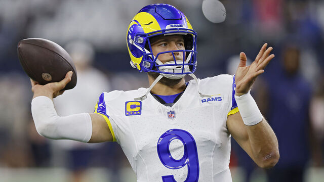 ARLINGTON, TEXAS - OCTOBER 29: Matthew Stafford #9 of the Los Angeles Rams warms up prior to a game against the Dallas Cowboys at AT&T Stadium on October 29, 2023 in Arlington, Texas.