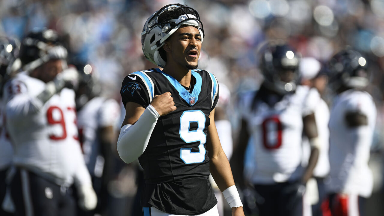 CHARLOTTE, NORTH CAROLINA - OCTOBER 29: Bryce Young #9 of the Carolina Panthers looks on during the first half of the game against the Houston Texans at Bank of America Stadium on October 29, 2023 in Charlotte, North Carolina.