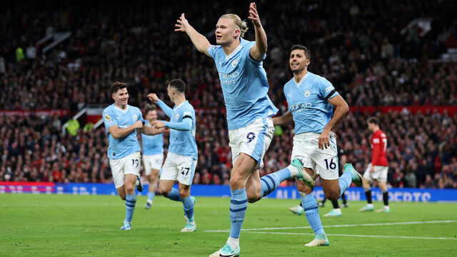 MANCHESTER, ENGLAND - OCTOBER 29: Erling Haaland of Manchester City celebrates after scoring the team's second goal during the Premier League match between Manchester United and Manchester City at Old Trafford on October 29, 2023 in Manchester, England.