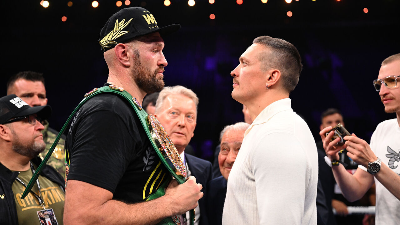 RIYADH, SAUDI ARABIA - OCTOBER 28: Tyson Fury and Oleksandr Usyk face off after the Heavyweight fight between Tyson Fury and Francis Ngannou at Boulevard Hall on October 28, 2023 in Riyadh, Saudi Arabia.