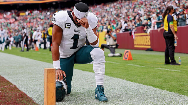 LANDOVER, MARYLAND - OCTOBER 29: Jalen Hurts #1 of the Philadelphia Eagles takes to the field prior to a game against the Washington Commanders at FedExField on October 29, 2023 in Landover, Maryland.