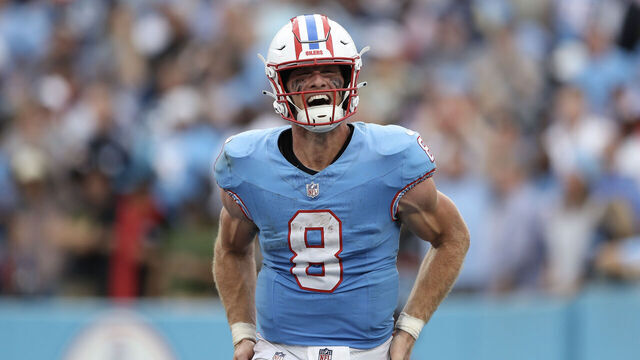 NASHVILLE, TENNESSEE - OCTOBER 29: Will Levis #8 of the Tennessee Titans celebrates after throwing a touchdown pass during the second half against the Atlanta Falcons at Nissan Stadium on October 29, 2023 in Nashville, Tennessee.