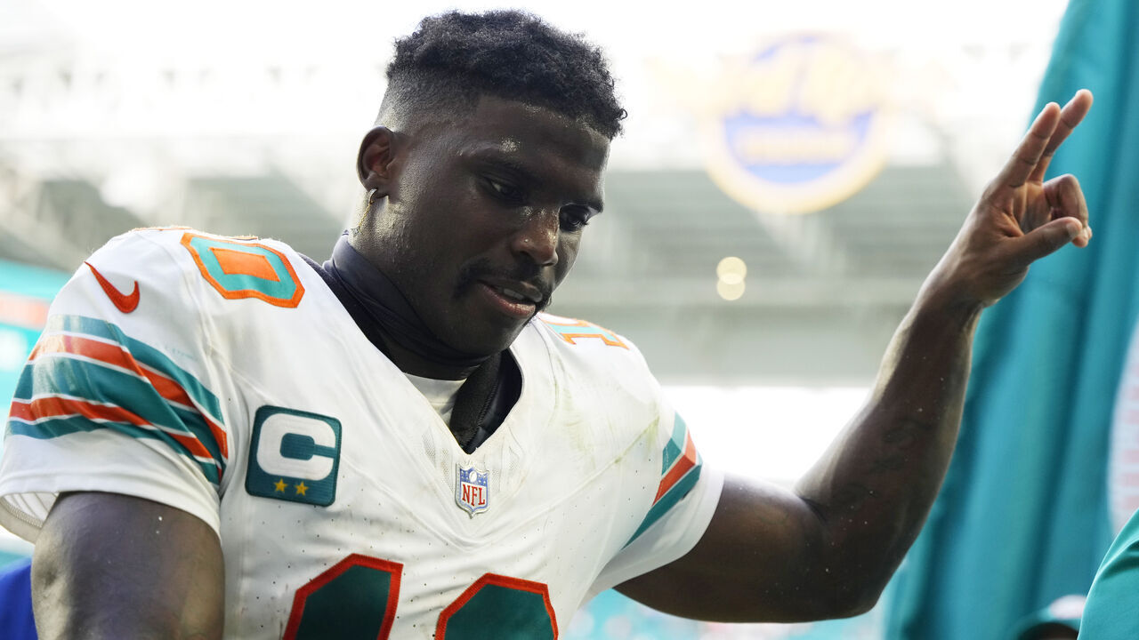 MIAMI GARDENS, FLORIDA - OCTOBER 29: Tyreek Hill #10 of the Miami Dolphins gestures towards fans after his team's 31-17 win against the New England Patriots at Hard Rock Stadium on October 29, 2023 in Miami Gardens, Florida.