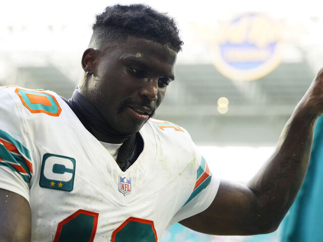 MIAMI GARDENS, FLORIDA - OCTOBER 29: Tyreek Hill #10 of the Miami Dolphins gestures towards fans after his team's 31-17 win against the New England Patriots at Hard Rock Stadium on October 29, 2023 in Miami Gardens, Florida.