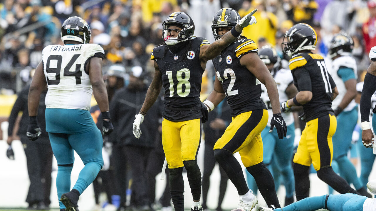 PITTSBURGH, PENNSYLVANIA - OCTOBER 29: Diontae Johnson #18 of the Pittsburgh Steelers signals first down during the game against the Jacksonville Jaguars at Acrisure Stadium on October 29, 2023 in Pittsburgh, Pennsylvania. The Jaguars beat the Steelers 20-10.