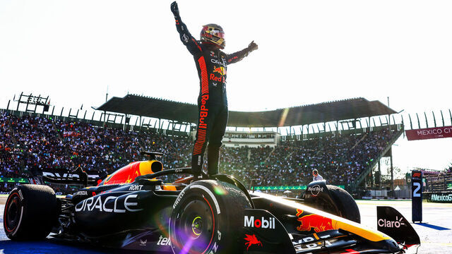 MEXICO CITY, MEXICO - OCTOBER 29: Race winner Max Verstappen of the Netherlands and Oracle Red Bull Racing celebrates in parc ferme during the F1 Grand Prix of Mexico at Autodromo Hermanos Rodriguez on October 29, 2023 in Mexico City, Mexico.
