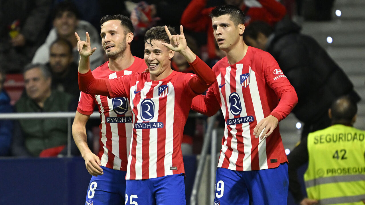 MADRID, SPAIN - OCTOBER 29: Rodrigo Riquelme (C) of Atletico Madrid celebrates with teammates Alvaro Morata (R) and Saul Niguez (L) after scoring a goal during the Spanish La Liga week 11 football match between Atletico Madrid and Deportivo Alaves at Civitas Metropolitan Stadium, in Madrid, Spain on October 29, 2023.