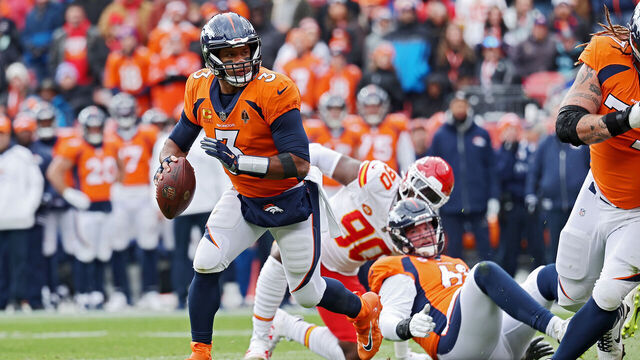 DENVER, COLORADO - OCTOBER 29: Russell Wilson #3 of the Denver Broncos looks to pass during the first quarter of a game against the Kansas City Chiefs at Empower Field At Mile High on October 29, 2023 in Denver, Colorado.