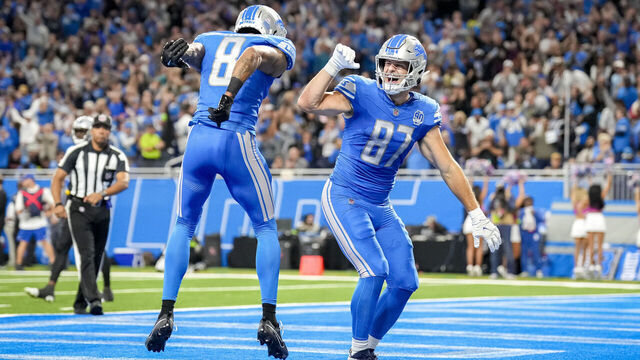 DETROIT, MICHIGAN - OCTOBER 08: Josh Reynolds #8 and Sam LaPorta #87 of the Detroit Lions celebrate after scoring a touchdown in the second quarter against the Carolina Panthers at Ford Field on October 08, 2023 in Detroit, Michigan.
