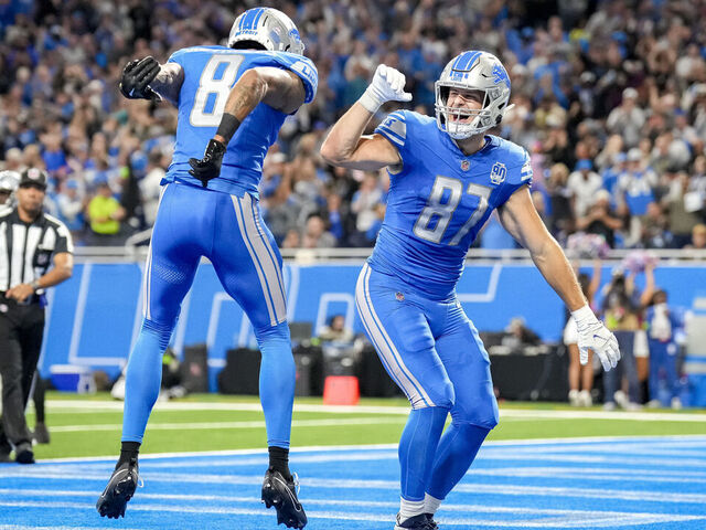 DETROIT, MICHIGAN - OCTOBER 08: Josh Reynolds #8 and Sam LaPorta #87 of the Detroit Lions celebrate after scoring a touchdown in the second quarter against the Carolina Panthers at Ford Field on October 08, 2023 in Detroit, Michigan.