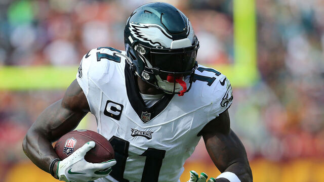 LANDOVER, MD - OCTOBER 29: Philadelphia Eagles wide receiver A.J. Brown (11) hauls in a pass then rushes up field during the Philadelphia Eagles game versus the Washington Commanders on October 29, 2023, at FedEx Field in Landover, MD.