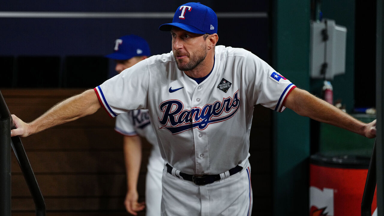 ARLINGTON, TX - OCTOBER 27: Max Scherzer #31 of the Texas Rangers looks on during pregame ceremonies prior to Game 1 of the 2023 World Series between the Arizona Diamondbacks and the Texas Rangers at Globe Life Field on Friday, October 27, 2023 in Arlington, Texas.