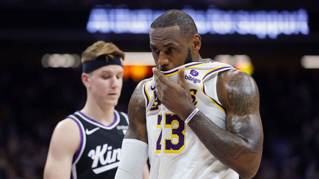 SACRAMENTO, CALIFORNIA - OCTOBER 29: LeBron James #23 of the Los Angeles Lakers looks on late in overtime during the game against the Sacramento Kings at Golden 1 Center on October 29, 2023 in Sacramento, California.
