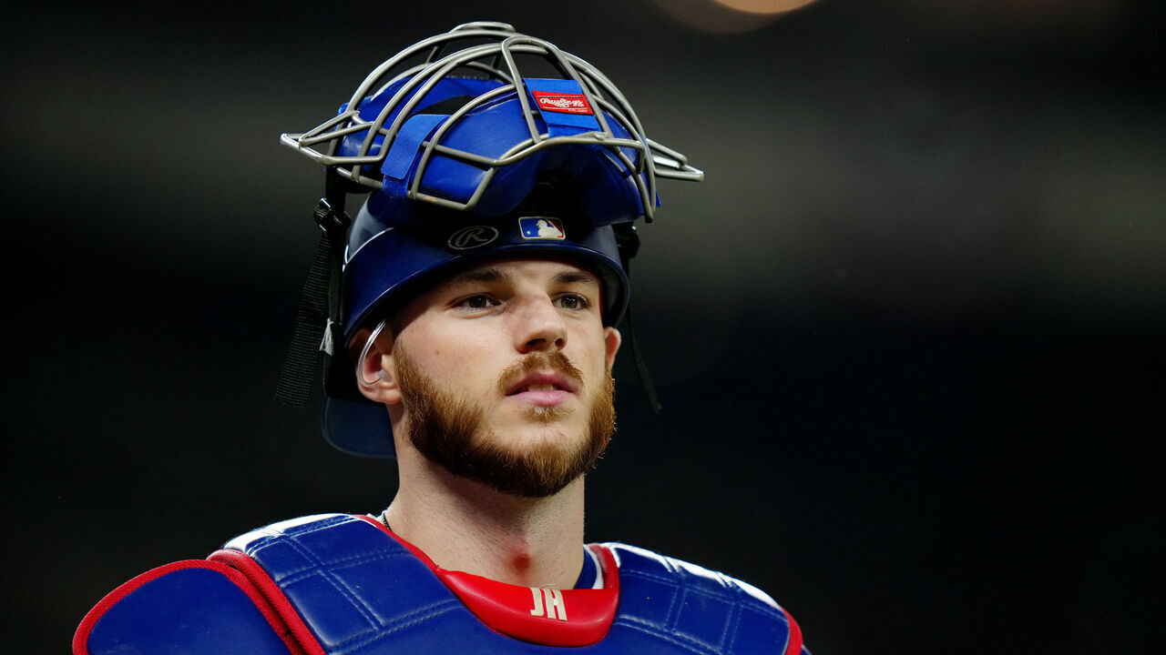 ARLINGTON, TX - OCTOBER 27: Jonah Heim #28 of the Texas Rangers looks on during Game 1 of the 2023 World Series between the Arizona Diamondbacks and the Texas Rangers at Globe Life Field on Friday, October 27, 2023 in Arlington, Texas.