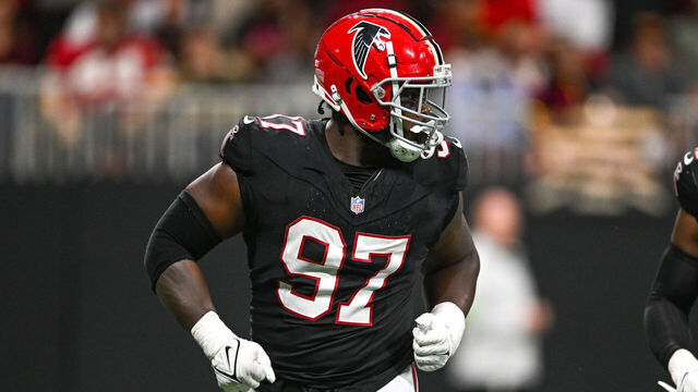 ATLANTA, GA OCTOBER 15: Atlanta defensive end Grady Jarrett (97) reacts during the NFL game between the Washington Commanders and the Atlanta Falcons on October 15th, 2023 at Mercedes-Benz Stadium in Atlanta, GA.