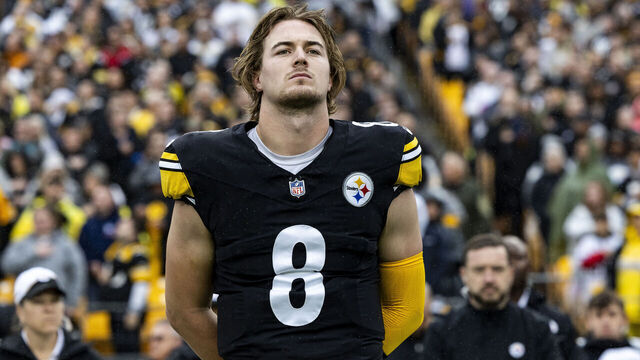 PITTSBURGH, PENNSYLVANIA - OCTOBER 29: Kenny Pickett #8 of the Pittsburgh Steelers stands for the national anthem before the game against the Jacksonville Jaguars at Acrisure Stadium on October 29, 2023 in Pittsburgh, Pennsylvania. The Jaguars beat the Steelers 20-10.