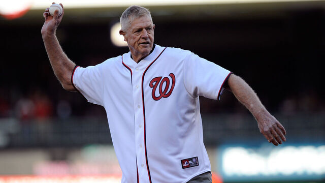 WASHINGTON, DC - OCTOBER 11: Former Washington Senator player Frank Howard throws the cermonial first pitch prior to the Washington Nationals hosting the St. Louis Cardinals in Game Four of the National League Division Series at Nationals Park on October 11, 2012 in Washington, DC.